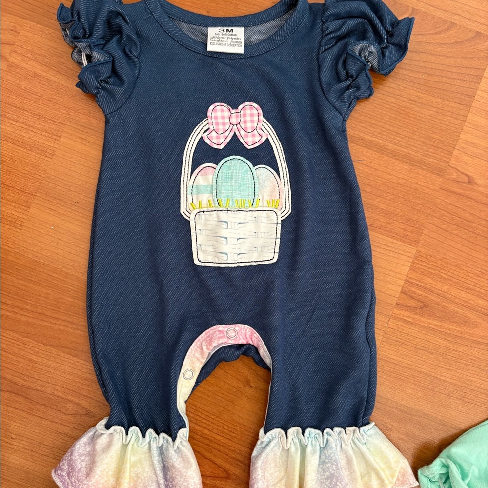 Navy Baby Romper with Easter Basket Applique